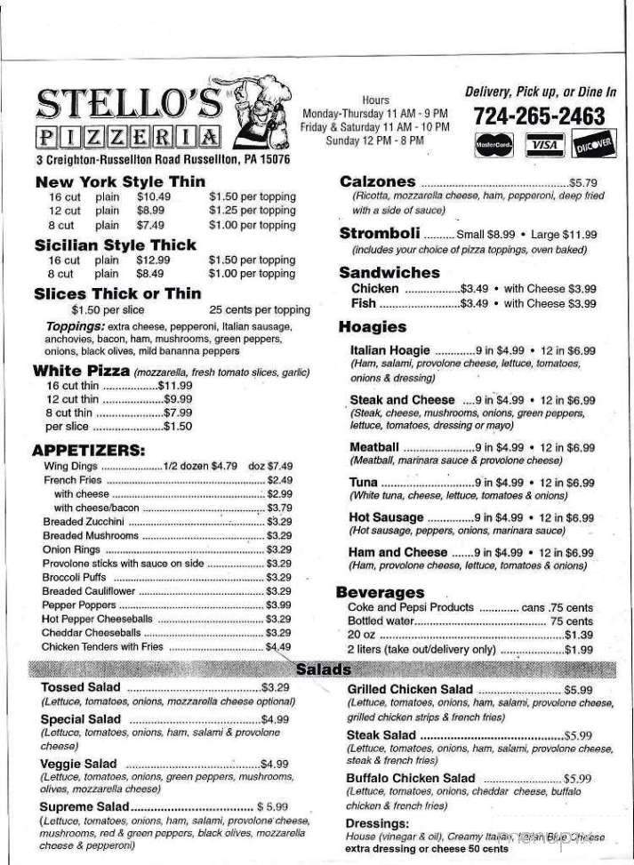 Stello's Pizzeria - Russellton, PA menu_pic