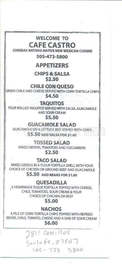 Cafe Castro - Santa Fe, NM menu_pic