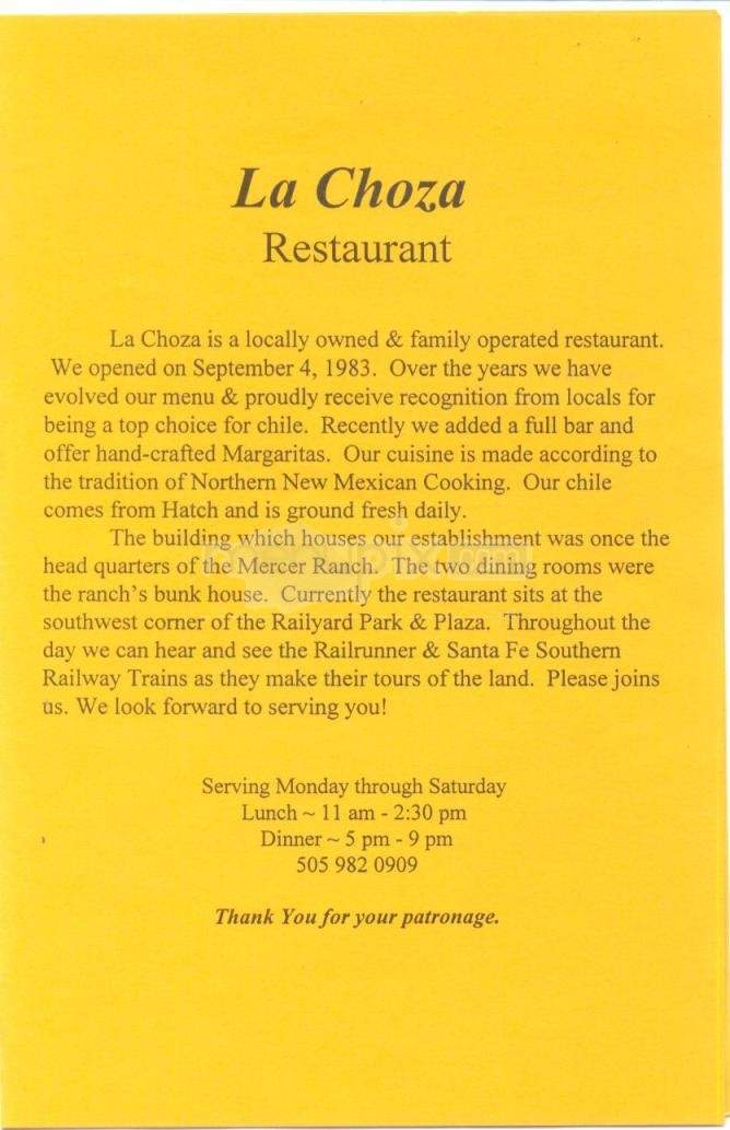 La Choza Restaurant - Santa Fe, NM menu_pic