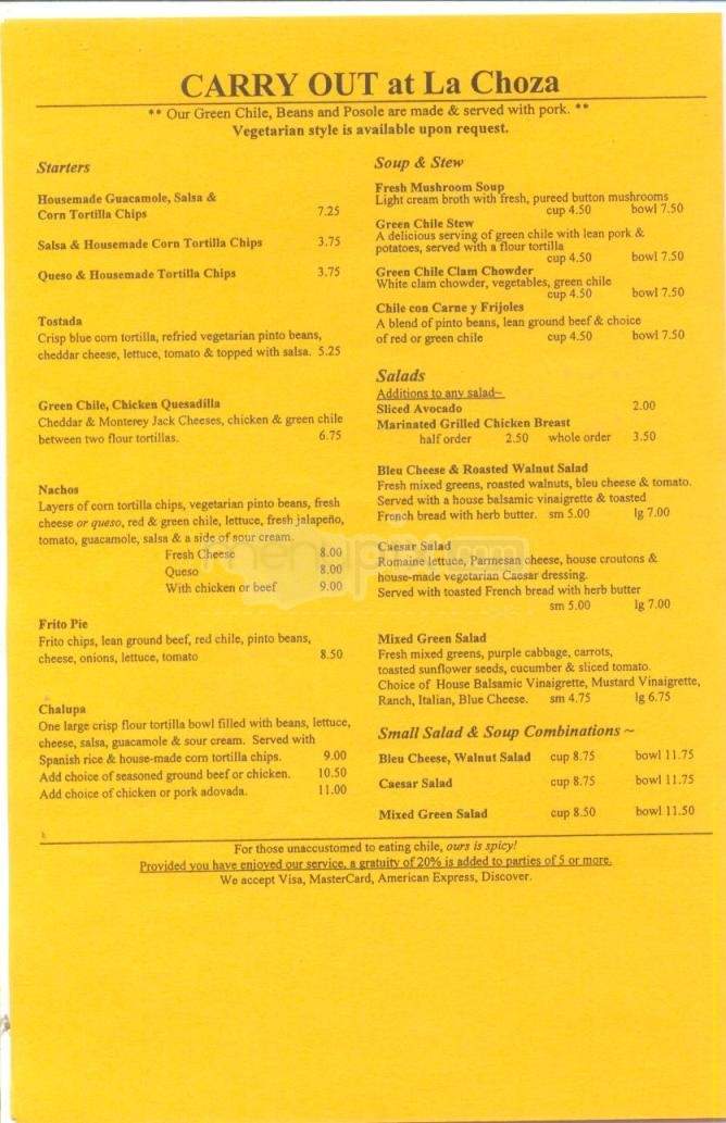 La Choza Restaurant - Santa Fe, NM menu_pic