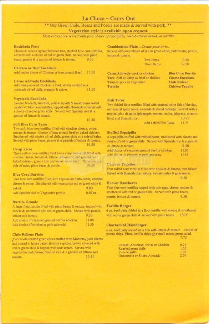 La Choza Restaurant - Santa Fe, NM menu_pic