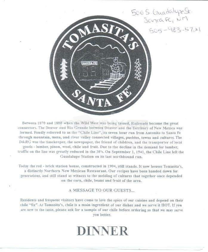 Tomasita's Restaurant - Santa Fe, NM menu_pic