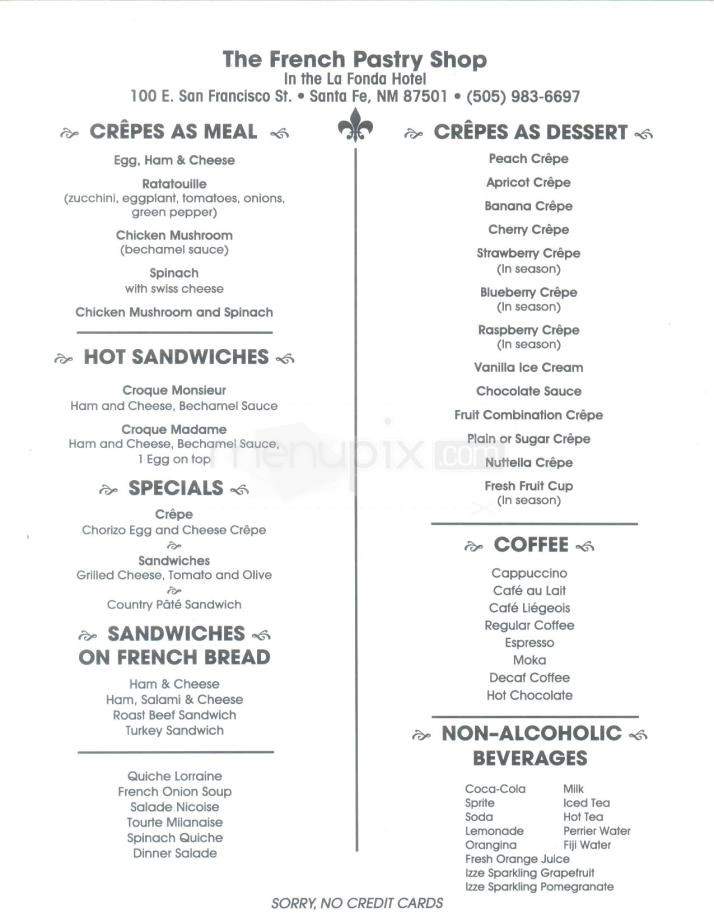 French Pastry Shop & Restaurant in the La Fonda Hotel - Santa Fe, NM menu_pic