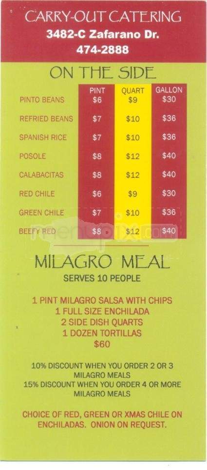 El Milagro - Santa Fe, NM menu_pic