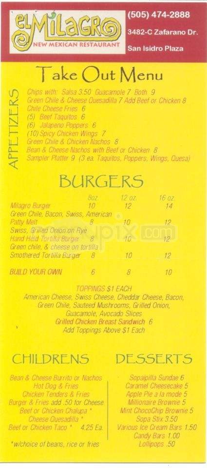El Milagro - Santa Fe, NM menu_pic