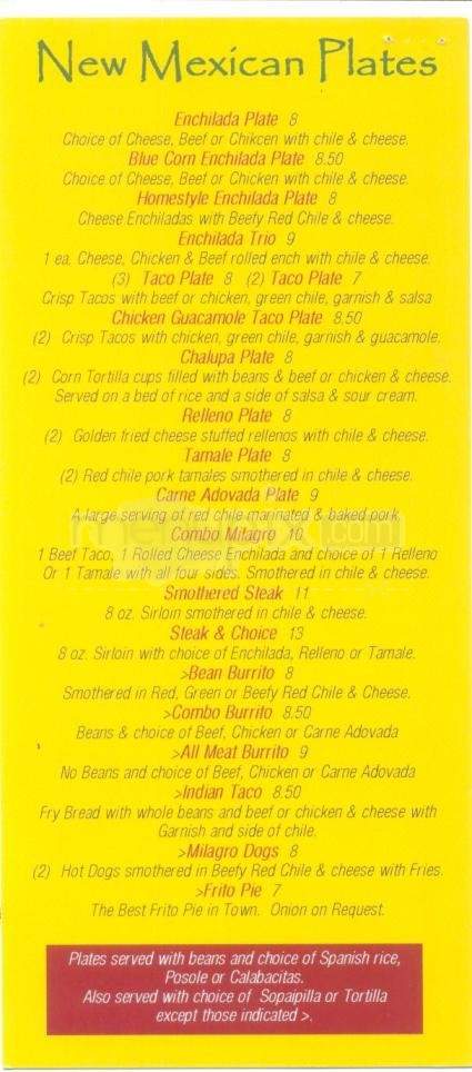 El Milagro - Santa Fe, NM menu_pic