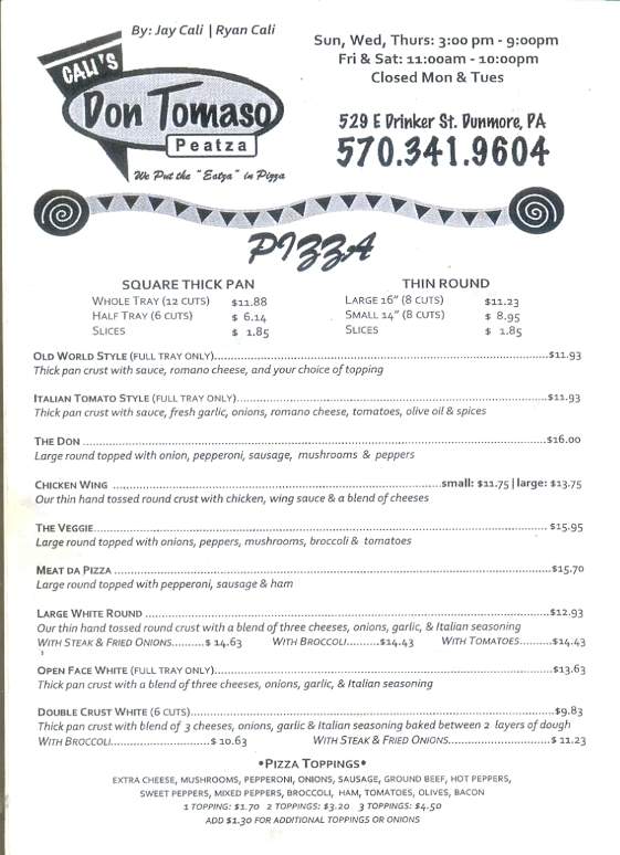 Cali's Don Tomaso Peatza - Dunmore, PA menu_pic
