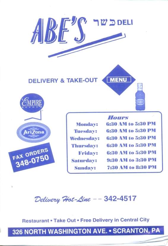 Abe's Kosher Delicatessen - Scranton, PA menu_pic