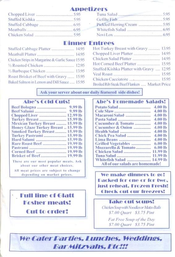 Abe's Kosher Delicatessen - Scranton, PA menu_pic