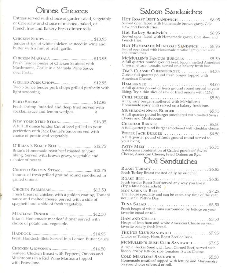 Pat McMullen's Restaurant - Scranton, PA menu_pic