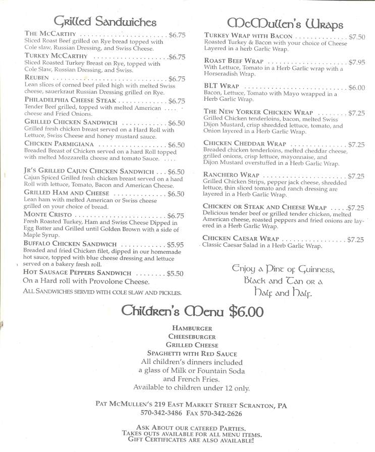 Pat McMullen's Restaurant - Scranton, PA menu_pic