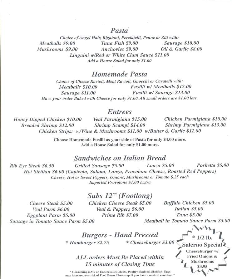 Salerno's Cafe - Old Forge, PA menu_pic