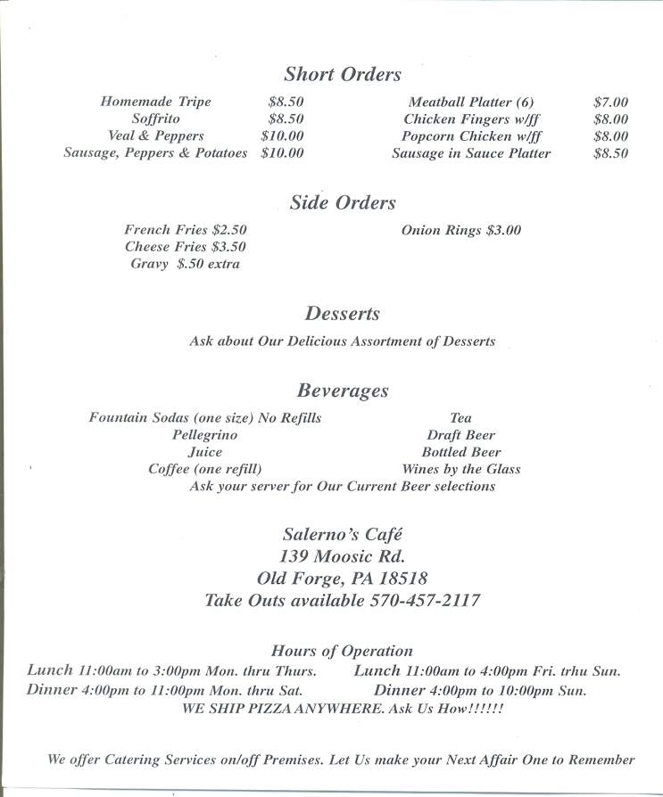 Salerno's Cafe - Old Forge, PA menu_pic