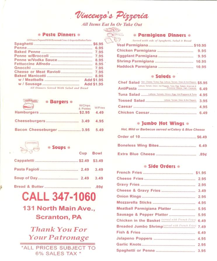 Vincenzo's Pizzeria - Scranton, PA menu_pic