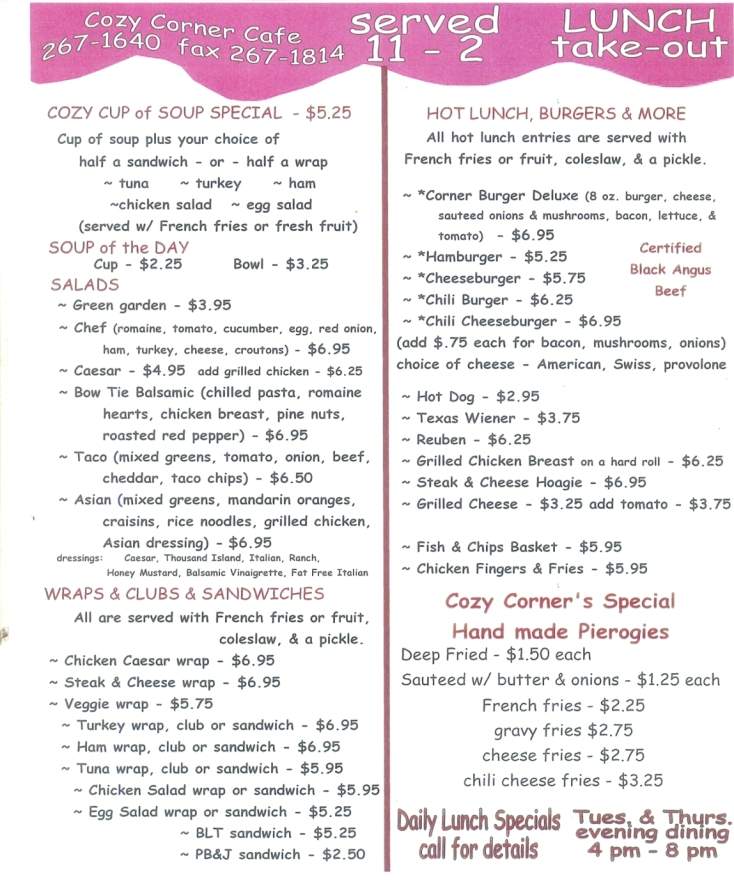 Cozy Corner Cafe - Carbondale, PA menu_pic
