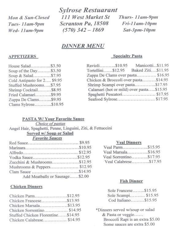 Sylrose Restaurant - Scranton, PA menu_pic
