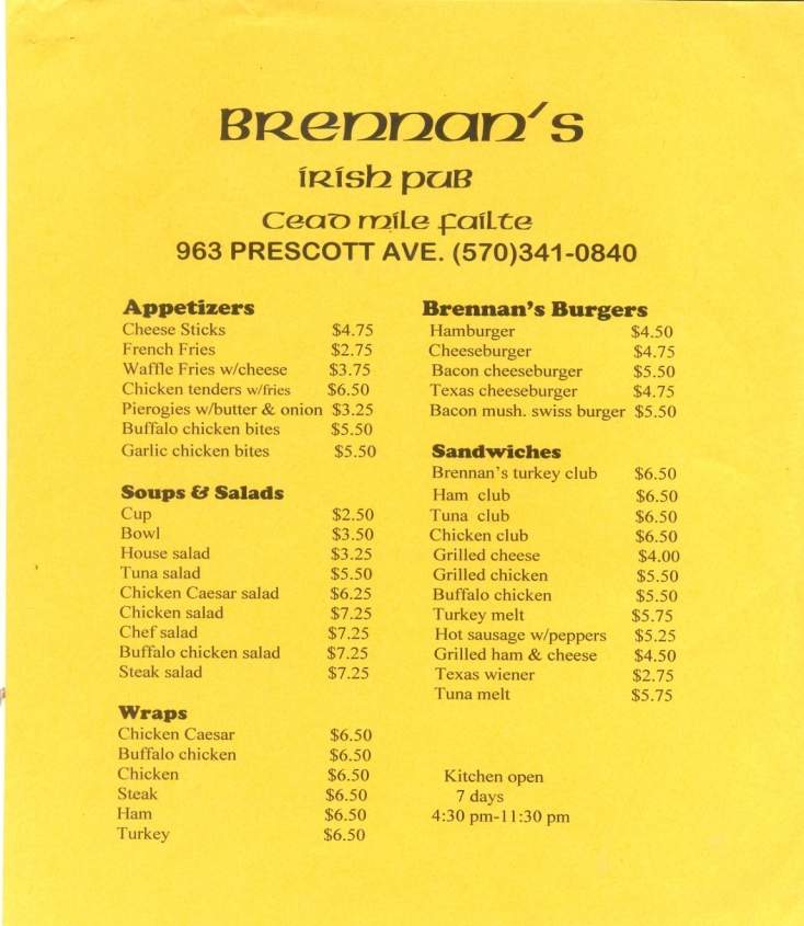 Brennan's Irish Pub - Scranton, PA menu_pic