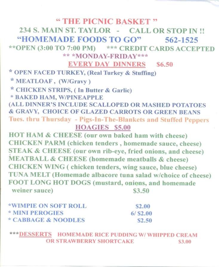 The Picnic Basket - Taylor, PA menu_pic