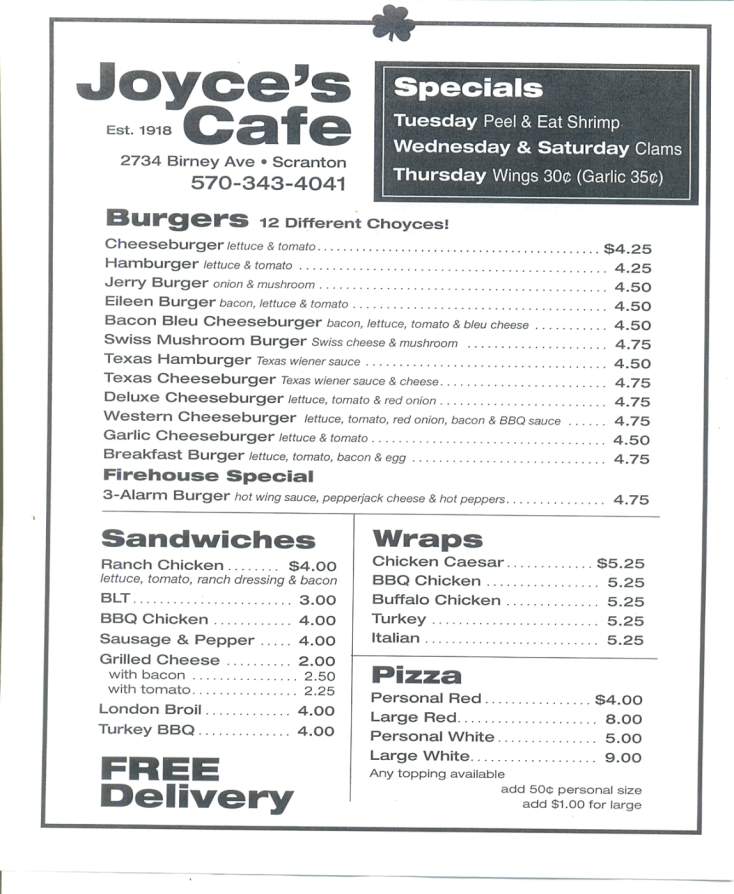 Joyce's Cafe - Scranton, PA menu_pic