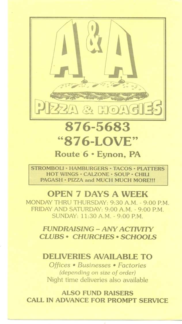 A & A Pizza & Hoagies - Eynon, PA menu_pic