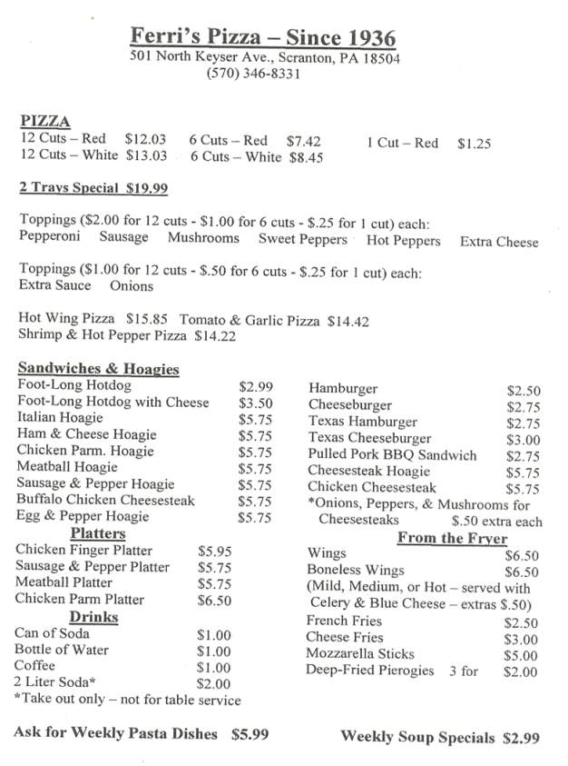 Ferri's Pizza - Scranton, PA menu_pic