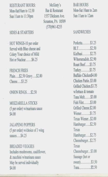 McGinty's Bar & Restaurant - Scranton, PA menu_pic