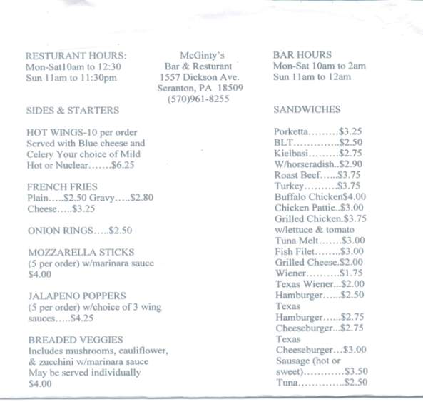 McGinty's Bar & Restaurant - Scranton, PA menu_pic