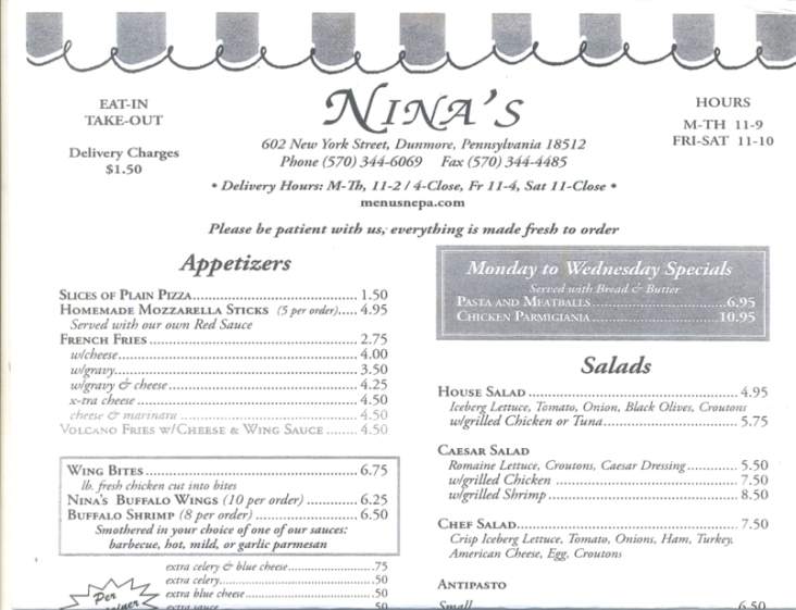Nina's - Scranton, PA menu_pic