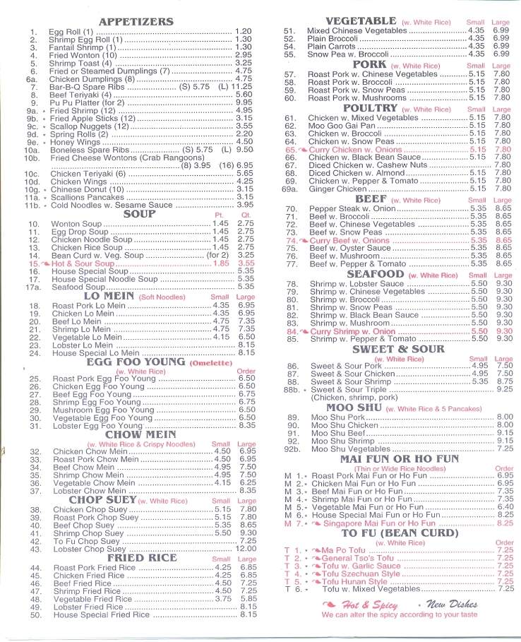 China Star Restaurant - Old Forge, PA menu_pic