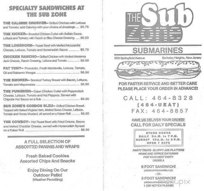 Sub Zone - Berkeley Heights, NJ menu_pic