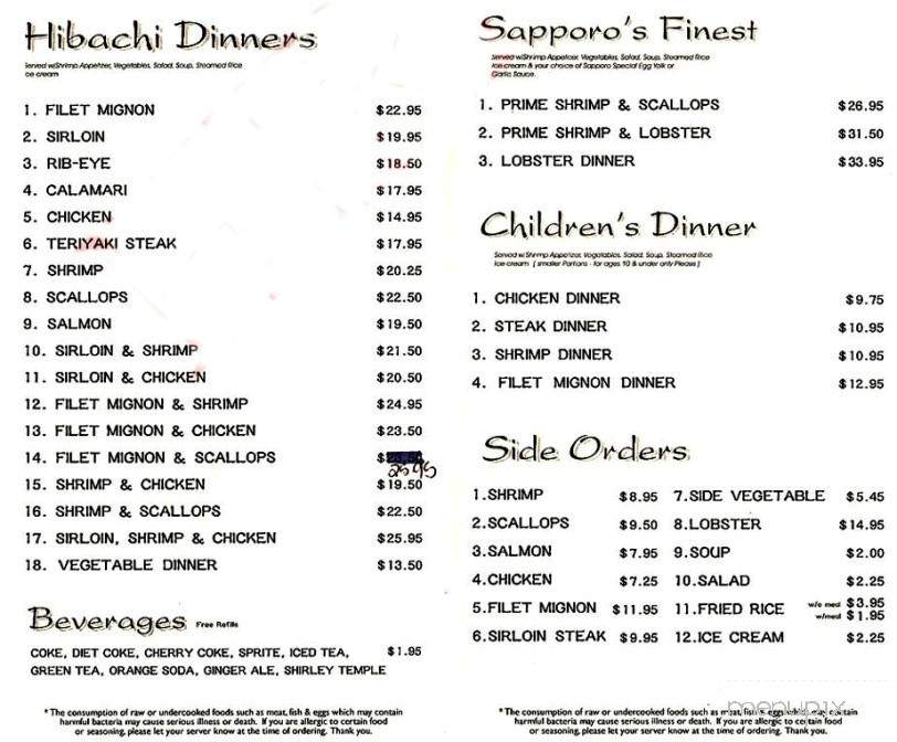 Sapporo Japanese Steak - Marietta, GA menu_pic