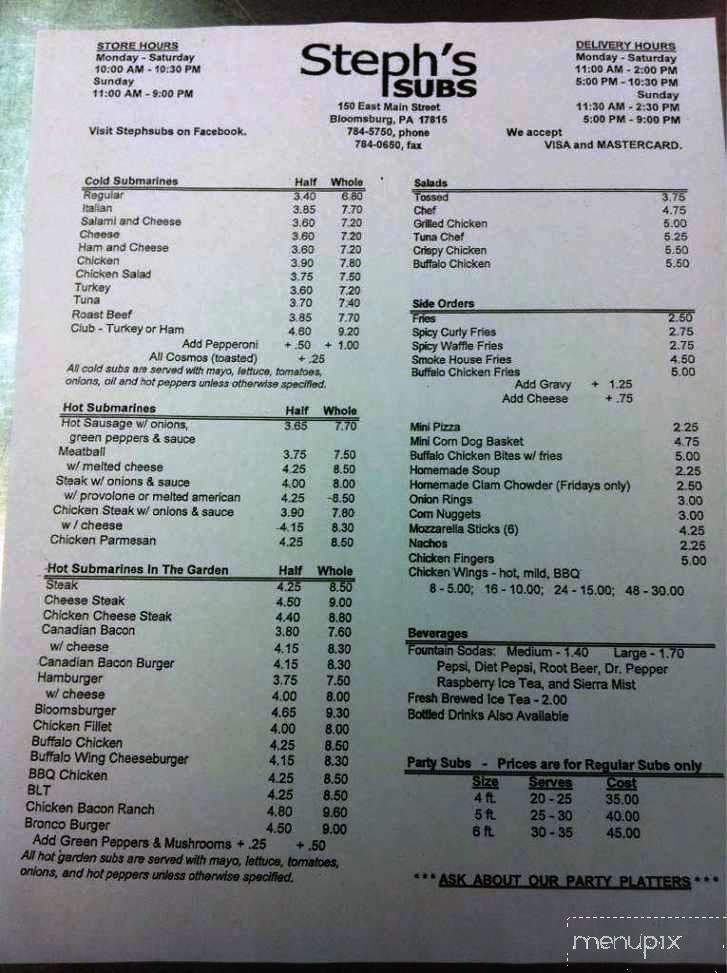Steph's Subs - Bloomsburg, PA menu_pic