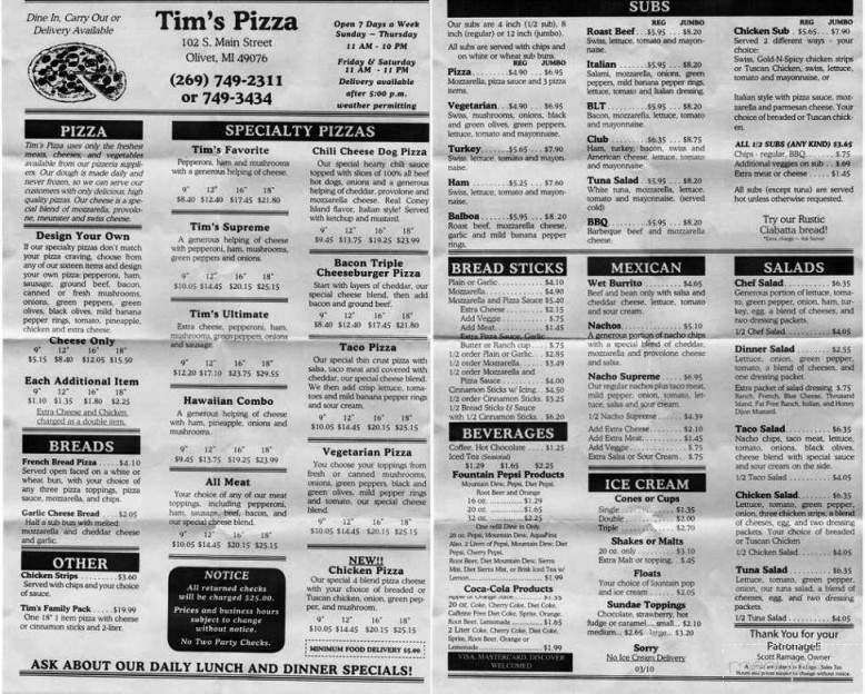 Tim's Pizza - Olivet, MI menu_pic