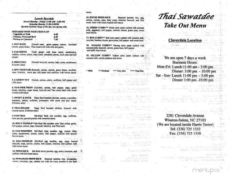 Thai Sawatdee - Winston Salem, NC menu_pic