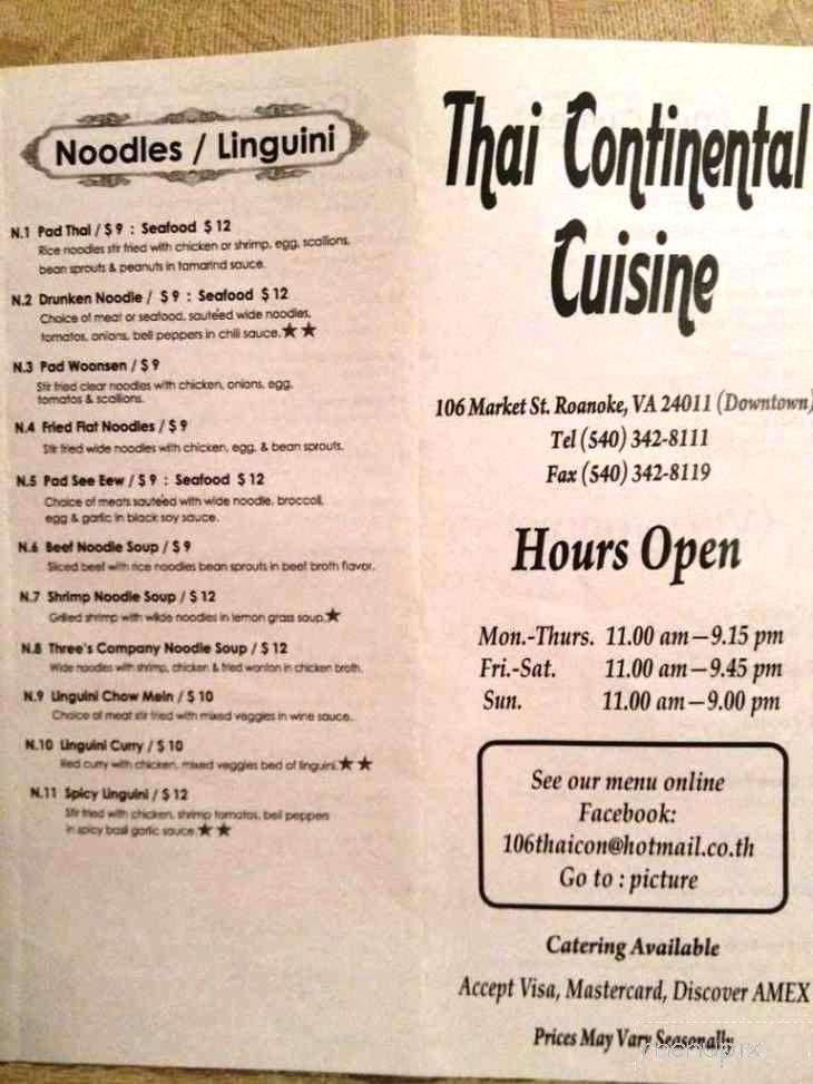 Thai Continental - Roanoke, VA menu_pic