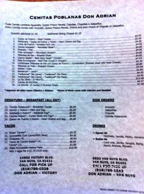 Taqueria Don Adrian - Van Nuys, CA menu_pic