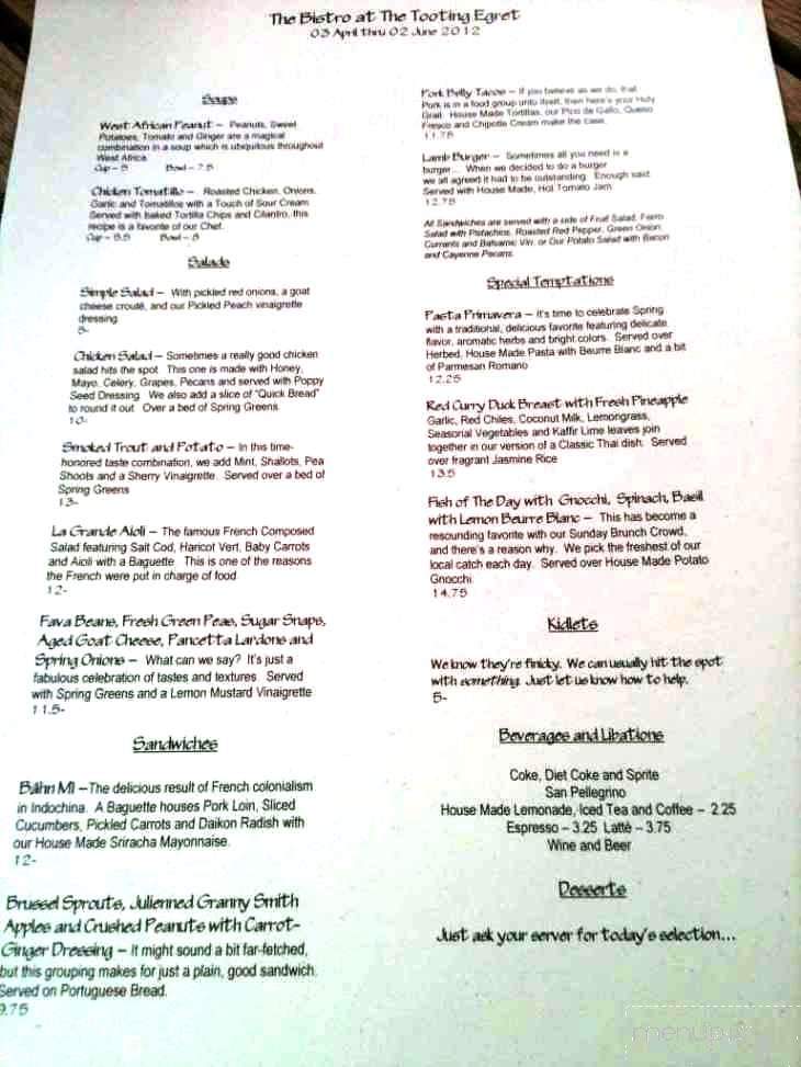 The Tooting Egret - Beaufort, SC menu_pic