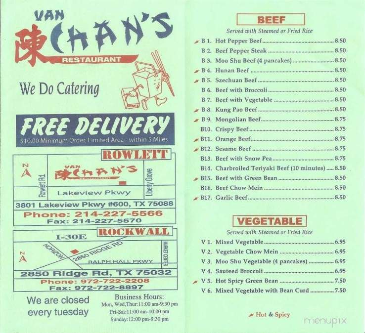 Van Chan's Chinese Restaurant - Rowlett, TX menu_pic