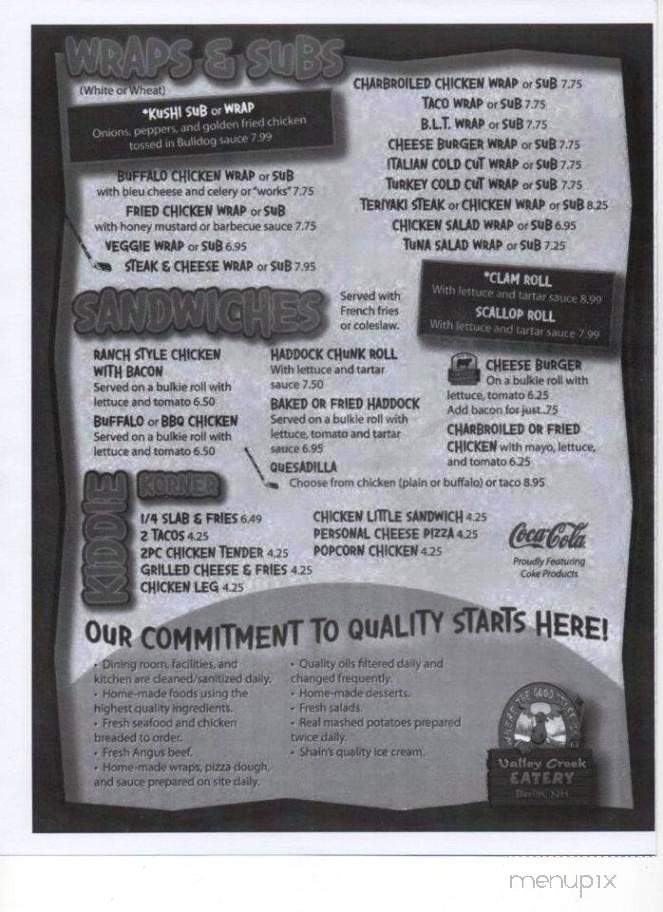Valley Creek Eatery - Berlin, NH menu_pic
