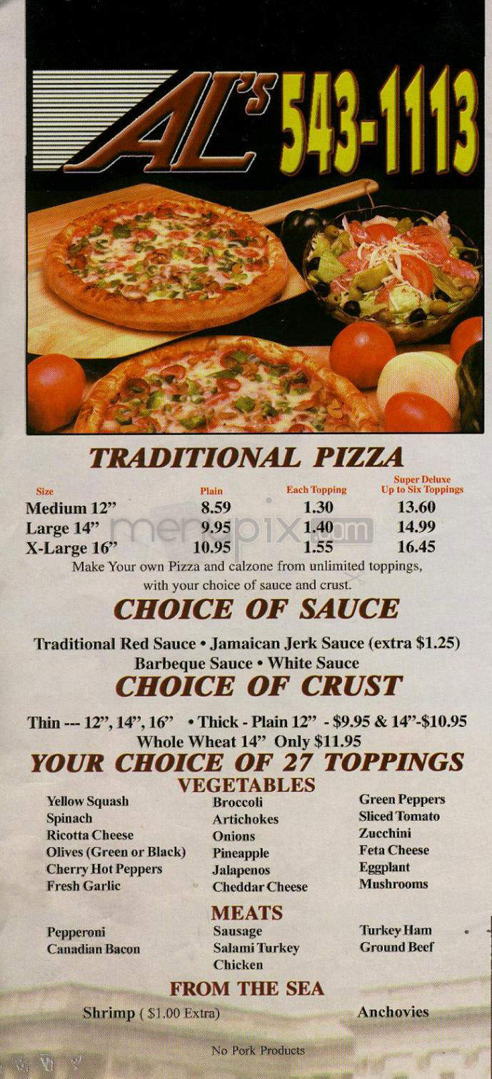 Al's Gourmet Pizza - Washington, DC menu_pic