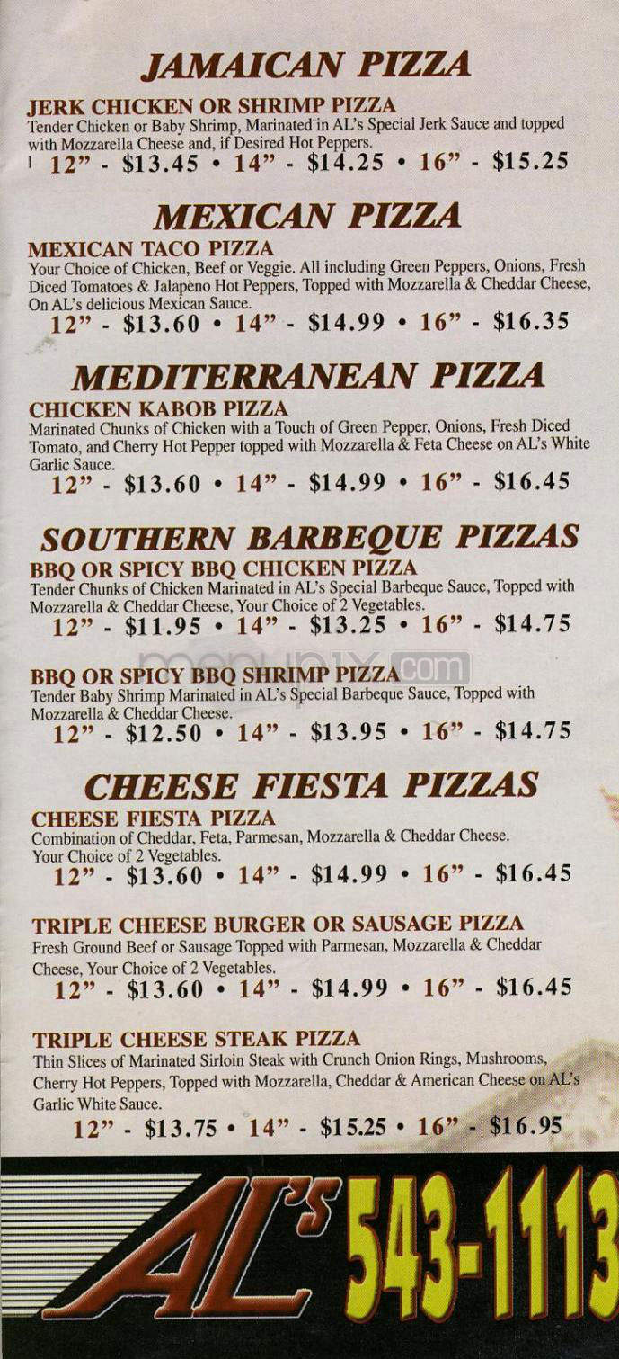 Al's Gourmet Pizza - Washington, DC menu_pic