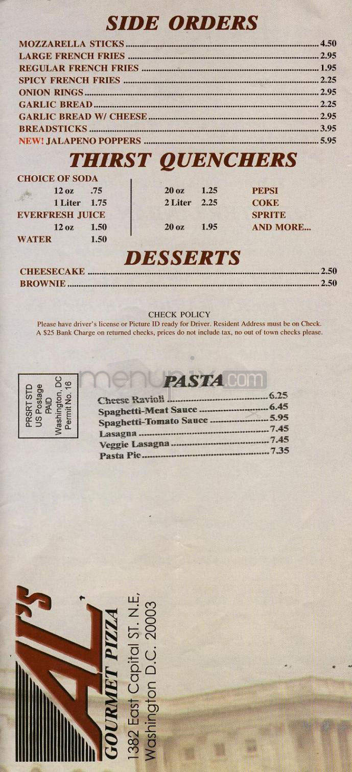 Al's Gourmet Pizza - Washington, DC menu_pic