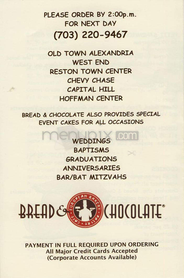 Bread & Chocolate - Washington, DC menu_pic