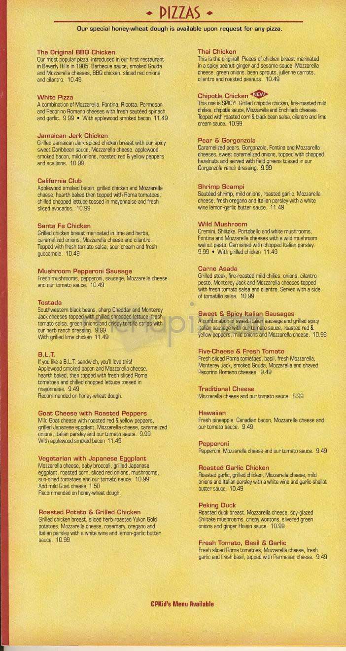 Menu Of California Pizza Kitchen In