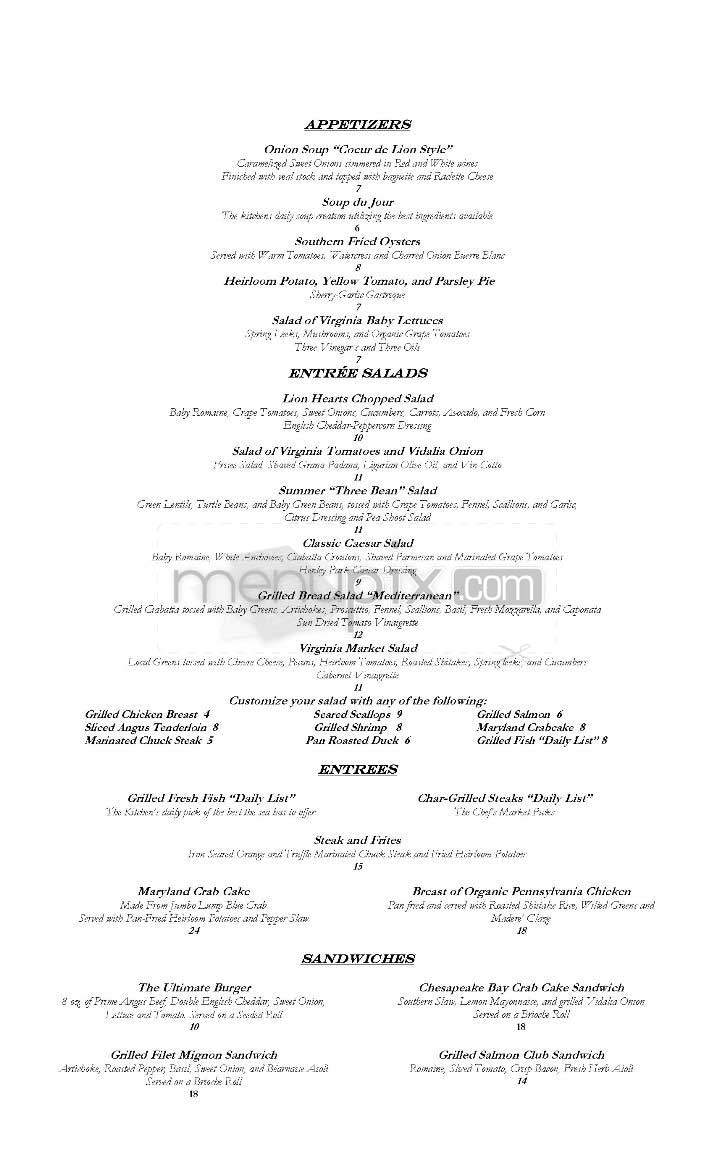 Coeur De Lion (Henley Park) - Washington, DC menu_pic