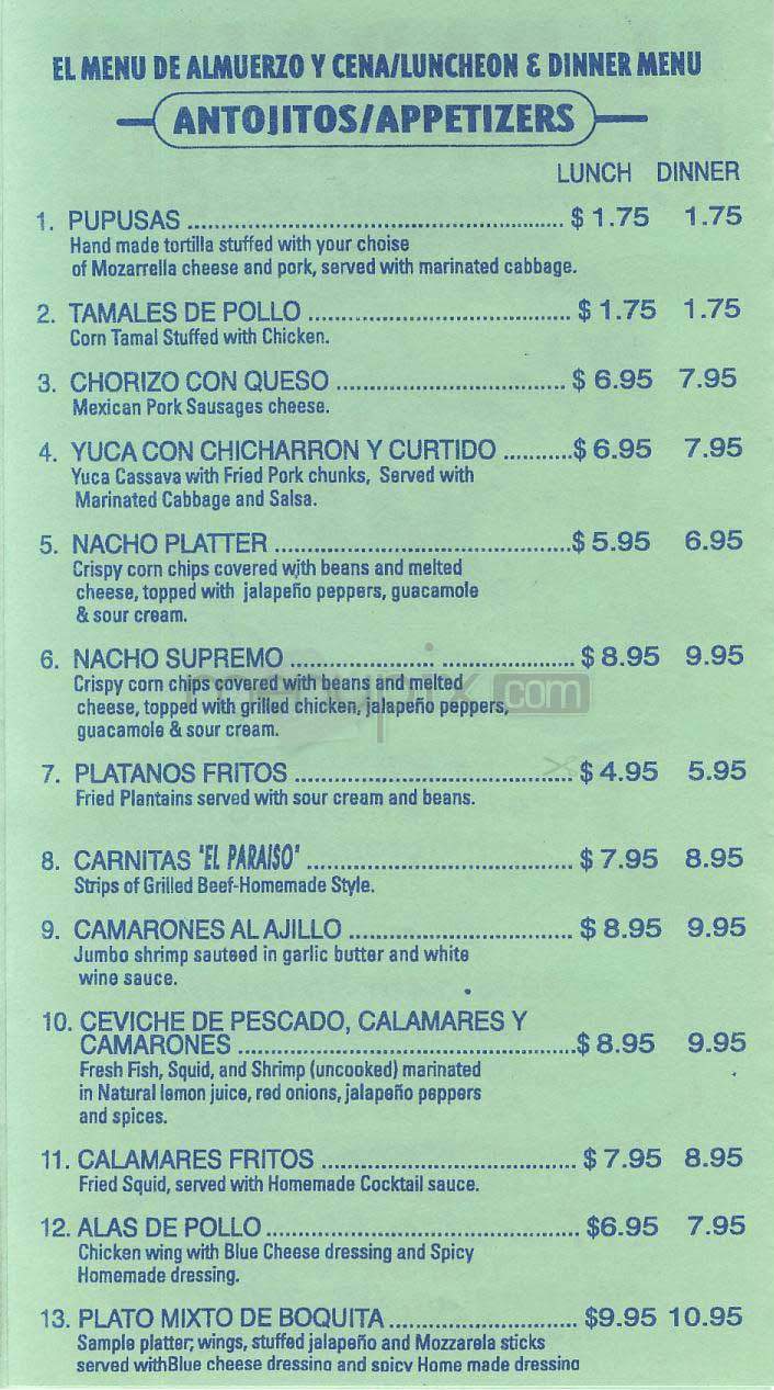 El Paraiso - Washington, DC menu_pic
