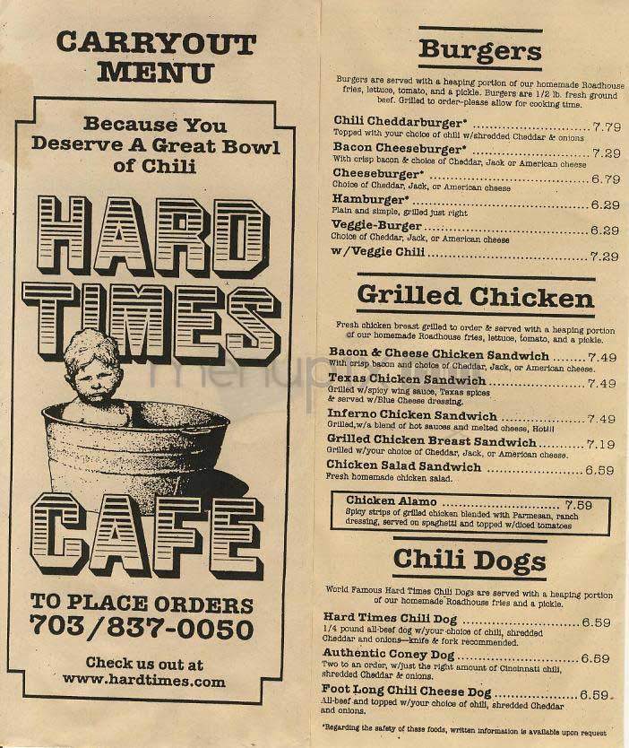 Hard Times Cafe - Alexandria, VA menu_pic