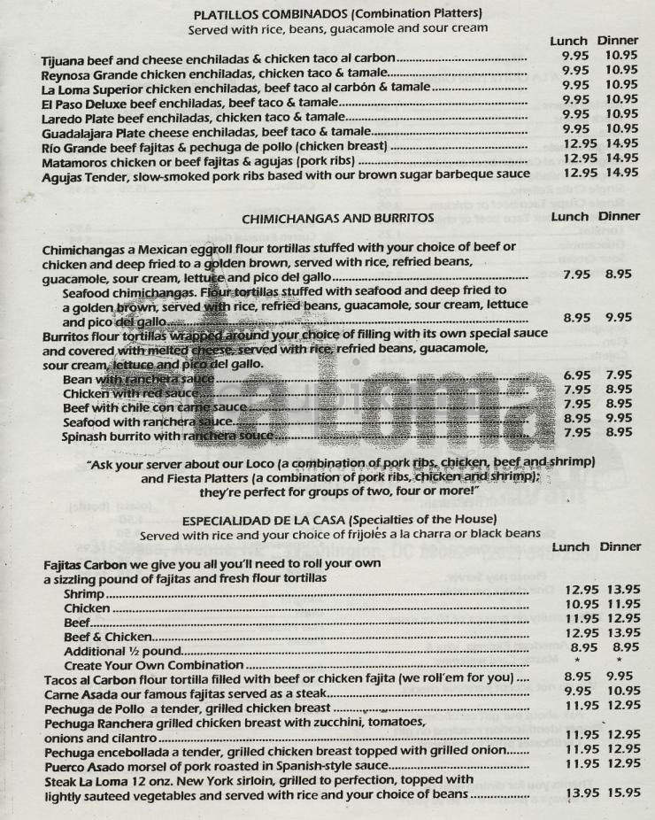 La Loma Mexican Restaurant - Washington, DC menu_pic