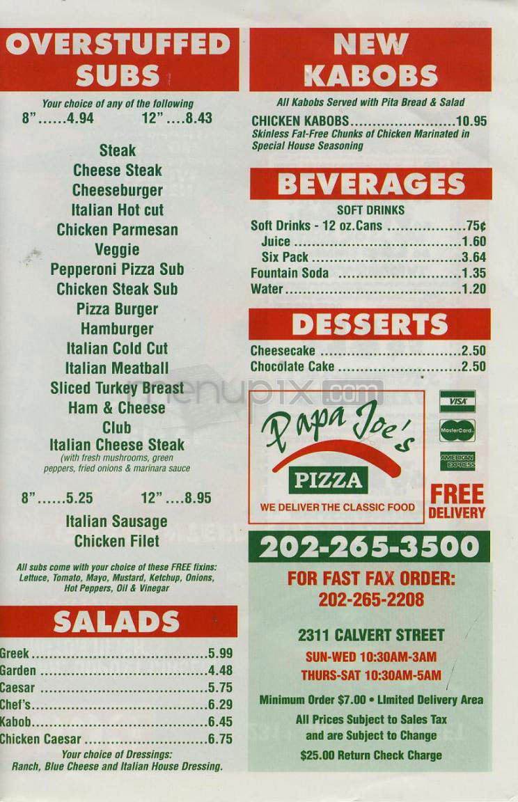 Papa Joe's Pizza - Washington, DC menu_pic