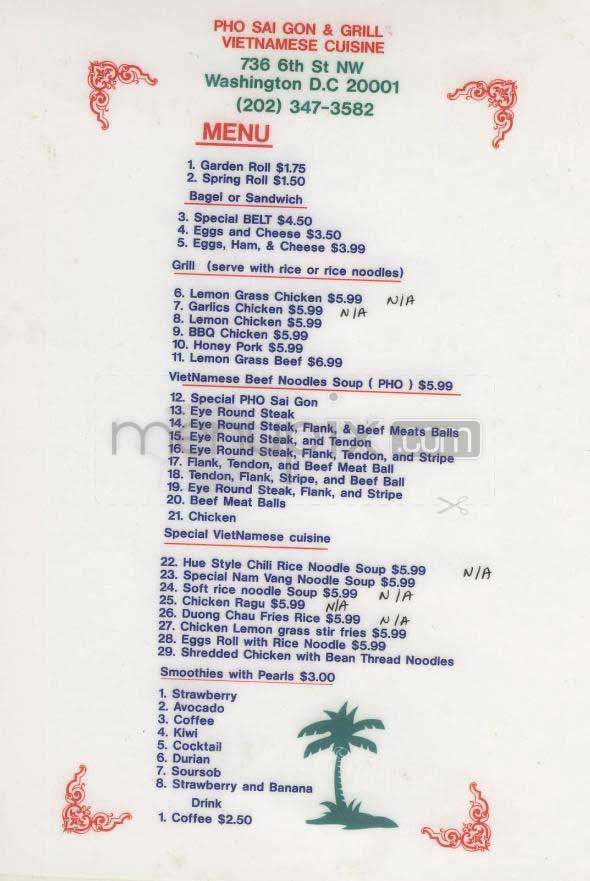 Pho Sai Gon & Grill - Washington, DC menu_pic